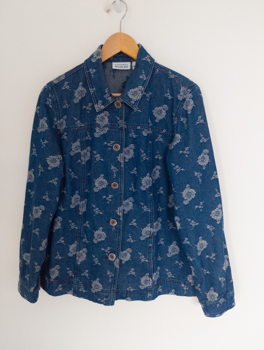 National Wildlife Floral Denim Jean Jacket Shirt Large Vintage Cottagecore Boho